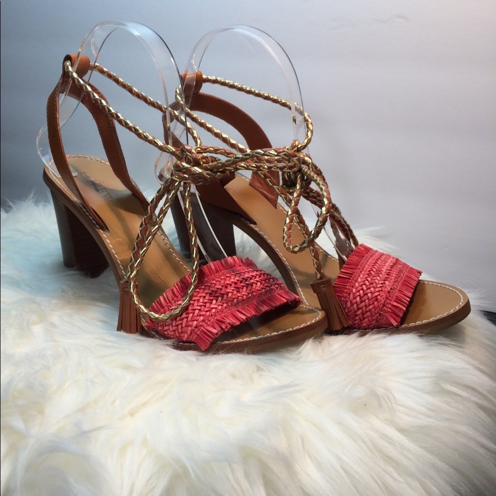 J. Crew Raffia Ankle-Tie Block Heel Sandals Shoes